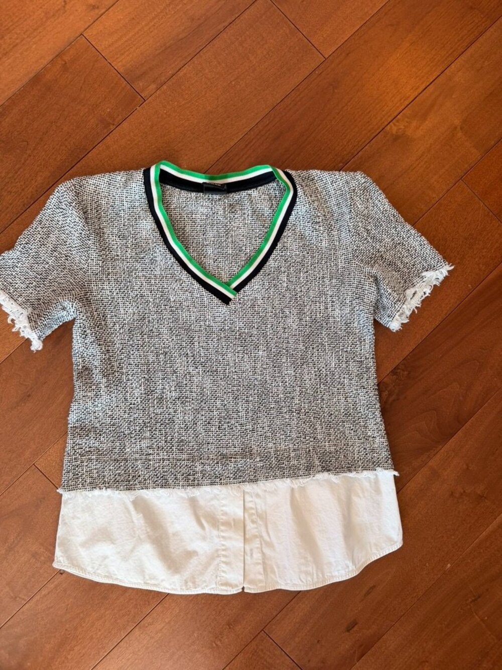 Pilcro Anthropologie Mixed Media Tweed V-Neck Top Frayed Hem